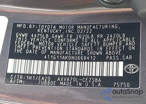 2022 Toyota Camry Se from USA, damaged, VIN 4T1G11AK0NU668412